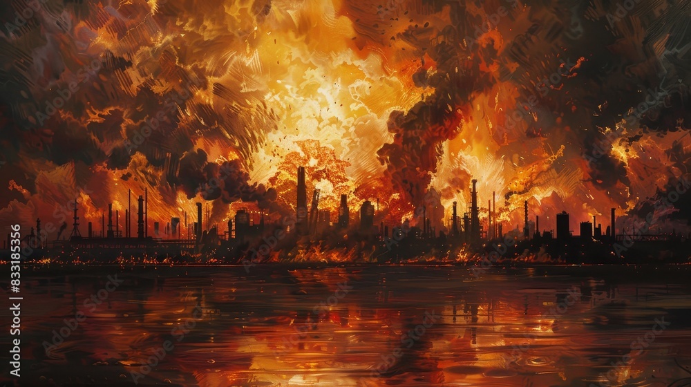 Apocalyptic vision of a fiery explosion at an oil refinery