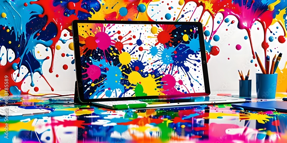 wallpaper depicting a computer and paint splashes on the screen with digital technology effects. wallpaper depicting a computer and paint splashes on the screen with digital technology effects.