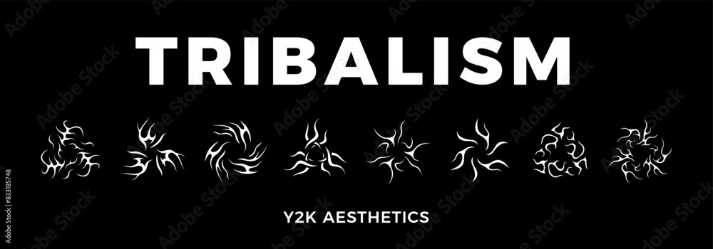 Neo tribal design elements collection. Gothic style shapes pack. Y2K shapes for streetwear, album covers, tattoo, techno rave party, etc. Set of acid neo tribal elements. Abstract vector Y2K signs.