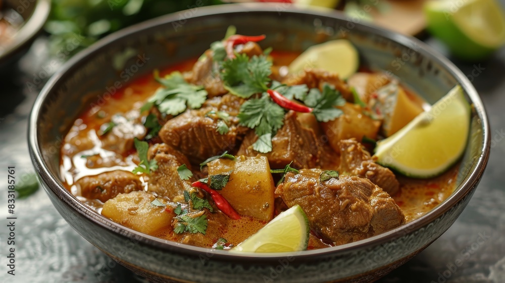 A bowl of beef stew with carrots and limes A bowl of beef stew with carrots and limes