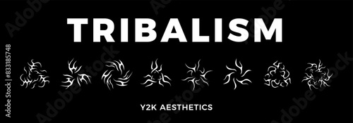 Obraz na płótnie Neo tribal design elements collection. Gothic style shapes pack. Y2K shapes for streetwear, album covers, tattoo, techno rave party, etc. Set of acid neo tribal elements. Abstract vector Y2K signs. w salonie