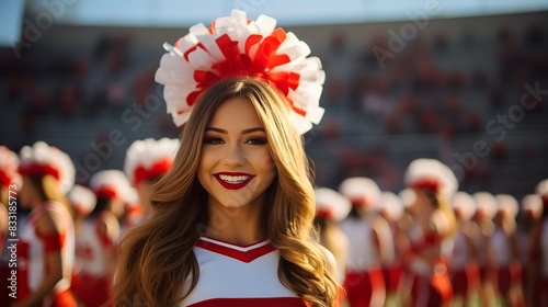 A young, smiling cheerleader with vibrant red pom-poms at a sporting event, exuding excitement and team spirit photo