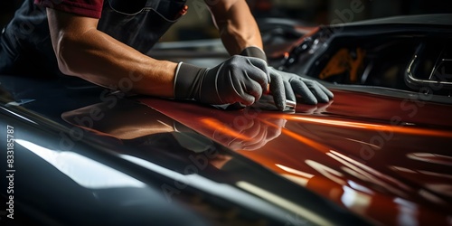 Professional workshop specializing in automotive vinyl wrapping with tools and materials for branding. Concept Automotive Vinyl Wrapping, Branding Tools, Materials, Professional Workshop © Ян Заболотний
