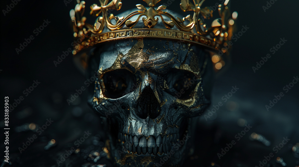 A menacing skull adorned with a golden crown, symbolizing the transient nature of power and human mortality. This powerful yet terrifying performance is a reminder of the impermanence of life. A menacing skull adorned with a golden crown, symbolizing the transient nature of power and human mortality. This powerful yet terrifying performance is a reminder of the impermanence of life.