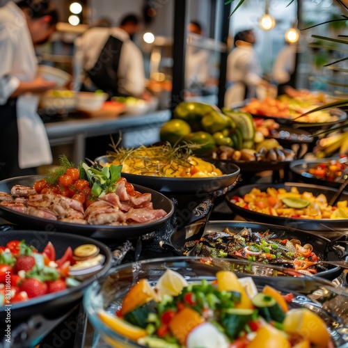 People group catering buffet food indoor in restaurant with meat colorful fruits and vegetables. Job ID: f20e96ac-f974-4711-8e1e-228f1b16bf0d © Business Pics