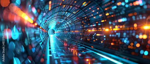 Futuristic digital tunnel with glowing lights and data streams, abstract representation of technology, innovation, and AI