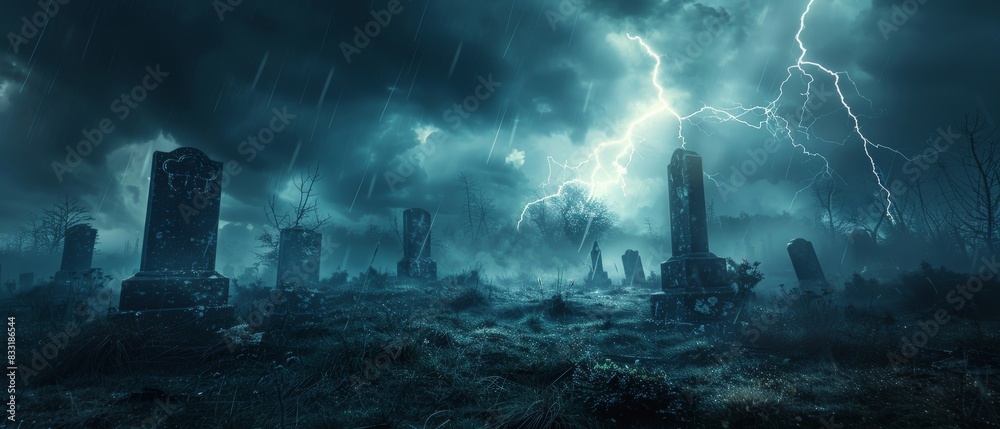 Foggy graveyard with dark clouds, lightning, and thunder, ominous tombstones, horror movie atmosphere Foggy graveyard with dark clouds, lightning, and thunder, ominous tombstones, horror movie atmosphere