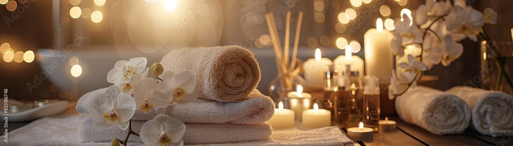 An elegant spa setup with candles, towels, orchids, and aroma sticks An elegant spa setup with candles, towels, orchids, and aroma sticks