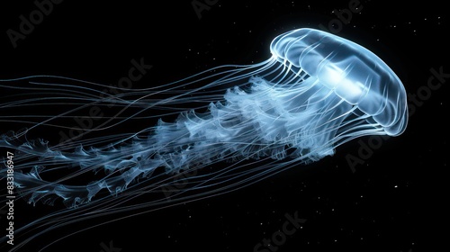 Ethereal image showcasing a single jellyfish glowing gently in a dark aquatic environment © chusnul