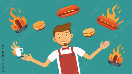 The smell of freshly grilled hot dogs and hamburgers wafts through the air as the grill master flips them to perfection.. Vector illustration