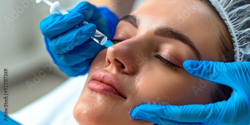Beauty Concept  a close-up photo of the face and neck  shows an attractive woman receiving hyaluronic acid treatment at a beauty salon. The patient lay on a white table with his eyes closed. She wore 
