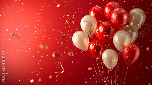 Festival celebration with red and gold balloons, background carnival or birthday banner, party theme, bright red backdrop