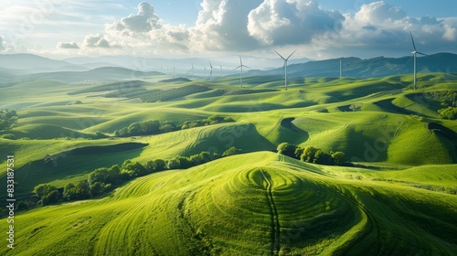 ESG landscape with wind turbines, green hills, sustainable energy, rolling scenery photo
