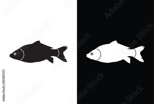 Carp Fish icon black white silhouette. Fisheries logo symbol. silhouette fish on white background, vector illustration.