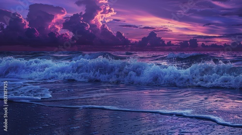 A captivating view of powerful ocean waves under a dramatic purple and pink sunset sky