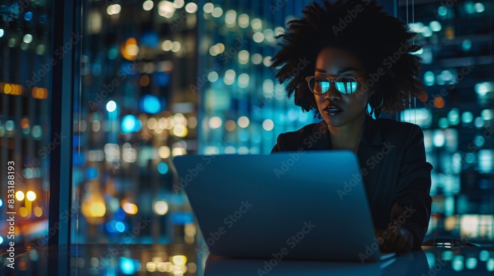 Portrait of African American Businesswoman Working on Laptop Computer in Big City Office Late in the Evening. Female Executive Director Managing Digital e-Commerce Project, Finance Analysis Portrait of African American Businesswoman Working on Laptop Computer in Big City Office Late in the Evening. Female Executive Director Managing Digital e-Commerce Project, Finance Analysis