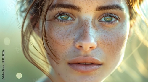 woman with clear  luminous skin  her eyes captivating and expression serene