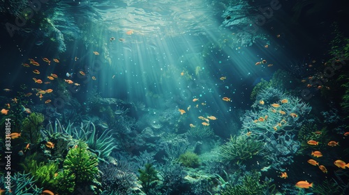 Underwater view of coral reef with fishes and rays of light. wallpaper  banner  copy space