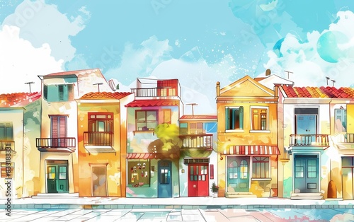 City Street flat design side view urban life theme water color Vivid, water color, cartoon, hand drawing, animation 3D, vibrant, minimalist style , © supansa