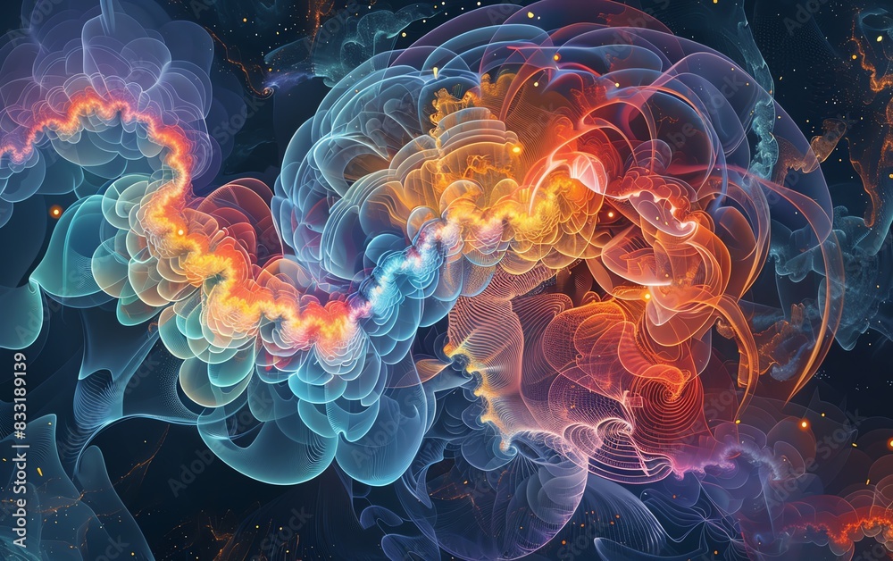 Stylish image of cerebral hemispheres with fractal patterns, artistic theme, dynamic, Multilayer, abstract scientific design backdrop Stylish image of cerebral hemispheres with fractal patterns, artistic theme, dynamic, Multilayer, abstract scientific design backdrop