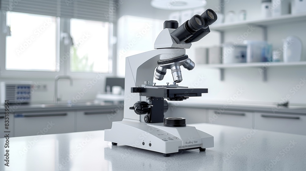 An microscope stands at the ready in a pristine, high-tech scientific laboratory An microscope stands at the ready in a pristine, high-tech scientific laboratory