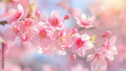 A close-up view of beautiful pink cherry blossoms in full bloom against a clear blue sky  symbolizing spring and renewal.