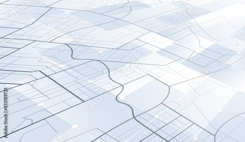 City map under rectangles and shapes are arranged in a grid pattern. View in perspective and high angle. Vector flat illustration map background