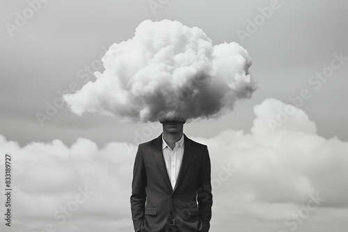 Surreal Portrait of Man with Cloud Head in Black and White Suit in Desolate Landscape. Generative AI