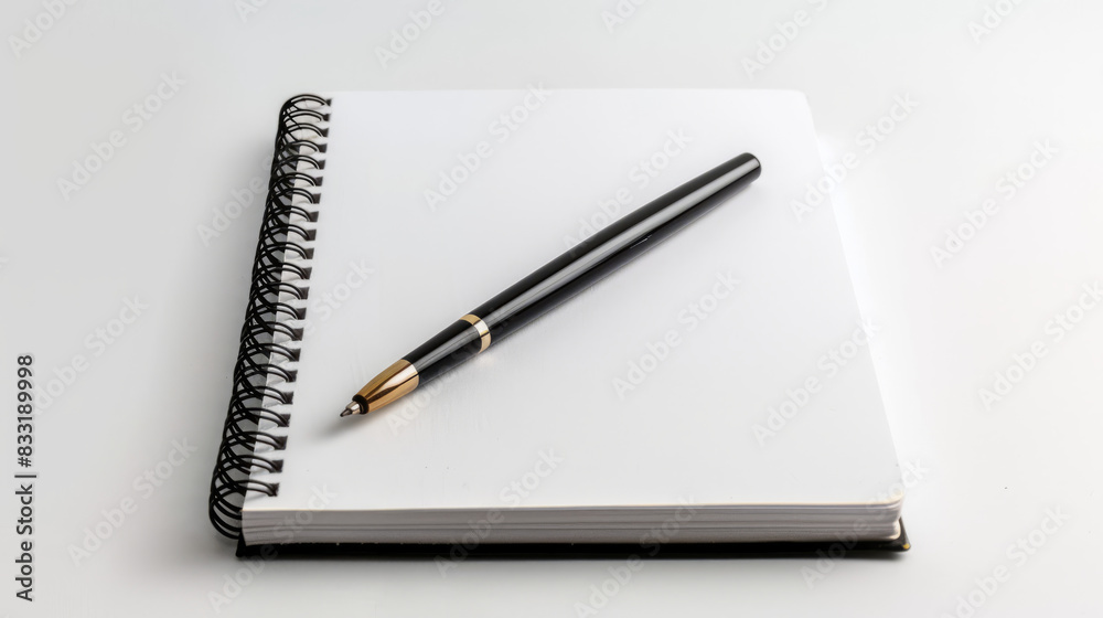 Blank notepad with pen on white background. Minimalistic workspace with blank notepad and stylish pen, perfect for adding your message or design. Blank notepad with pen on white background. Minimalistic workspace with blank notepad and stylish pen, perfect for adding your message or design.