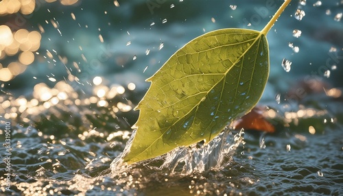 water drops on leaf, autumn leaves in the water, woman in autumn park, child playing with leaves, Kitten playing with a yellow leaf, batting it around and chasing it photo