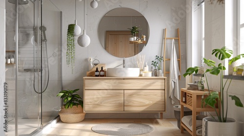 A Scandinavian-inspired bathroom with light wood finishes, white walls, and minimalist decor. The design includes a simple vanity with a round mirror, a walk-in shower with clear glass doors, and photo