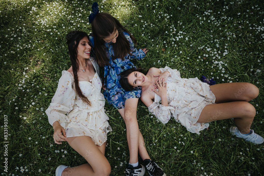 Three young girls lying in the grass, smiling and enjoying each other's company in a park on a sunny day, surrounded by daisies. Three young girls lying in the grass, smiling and enjoying each other's company in a park on a sunny day, surrounded by daisies.