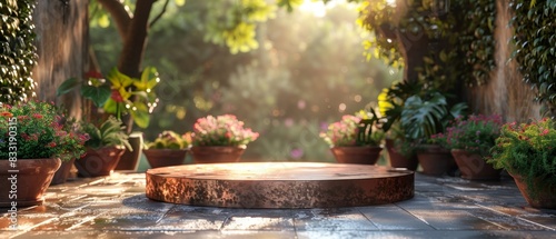 Copper podium with Mediterranean background, front view focus, warm sunlight, potted plants, rustic ambiance