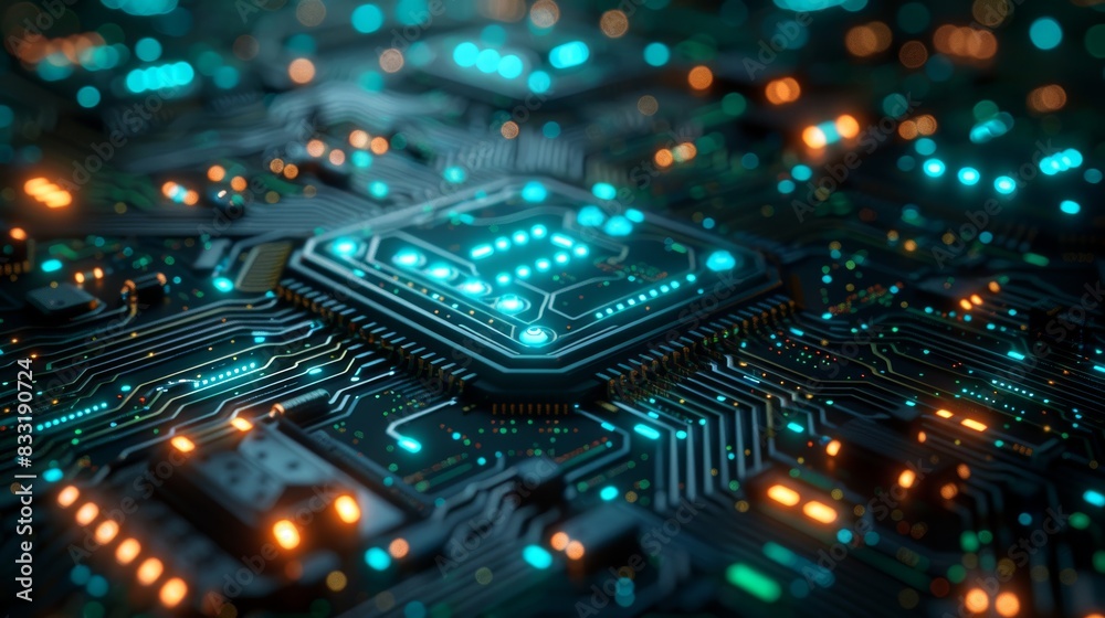 Close-up of a glowing blue processor chip on a circuit board. futuristic technology, computer hardware, digital world. Close-up of a glowing blue processor chip on a circuit board. futuristic technology, computer hardware, digital world.