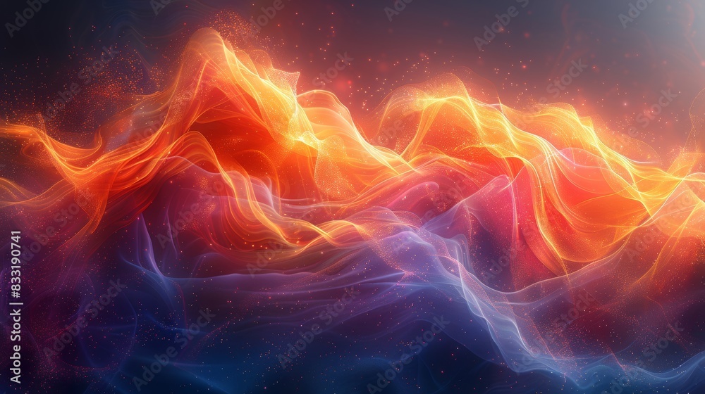 Abstract art of swirling vibrant colors, resembling a fiery mountain range against a blue sky. Abstract art of swirling vibrant colors, resembling a fiery mountain range against a blue sky.