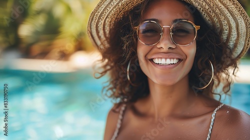 beautiful woman laughing, with a summer hat and sunglasses, having fun at a pool party, happy