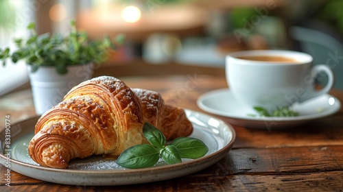 A stylish breakfast nook, a cappuccino, a thin croissant on a plate, and a small potted plant create a cozy and inviting morning atmosphere.