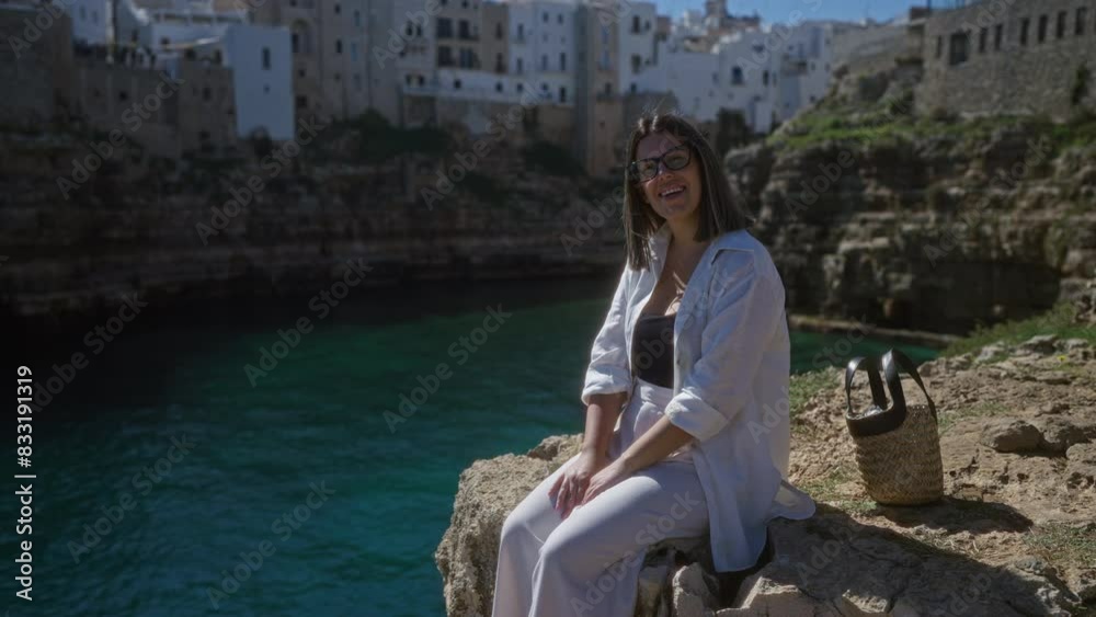 A young hispanic woman sits on a rock near the turquoise sea and seaside cliffs in polignano a mare, puglia, italy, wearing sunglasses and smiling in the sunlight. A young hispanic woman sits on a rock near the turquoise sea and seaside cliffs in polignano a mare, puglia, italy, wearing sunglasses and smiling in the sunlight.