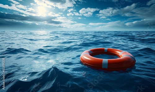 life buoy rescue ring in the middle of the ocean for rescue and help sos concepts as wide banner with copyspace area, Generative AI