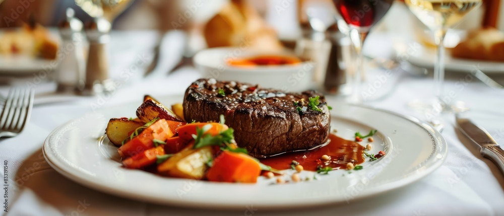 A beautifully presented steak with vibrant roasted vegetables and a rich sauce. A beautifully presented steak with vibrant roasted vegetables and a rich sauce.