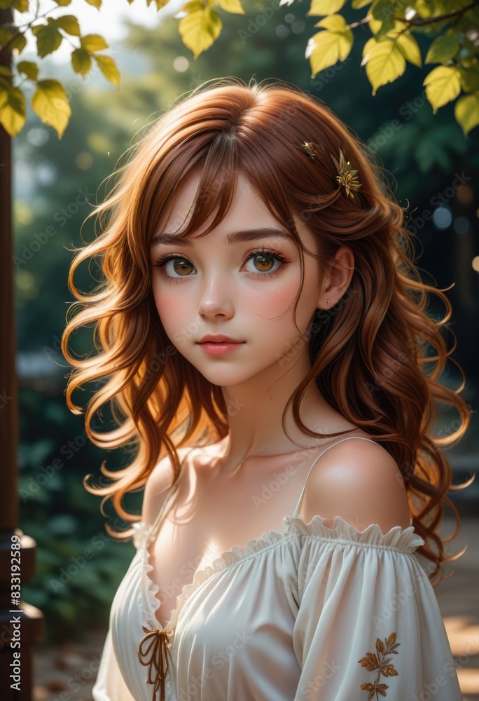 In the foreground stands a girl with striking chestnut hair that falls in soft, loose waves around her shoulders. In the foreground stands a girl with striking chestnut hair that falls in soft, loose waves around her shoulders.