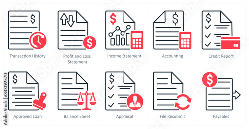 A set of 10 banking icons as transaction history, profit ans loss statement, income statement photo