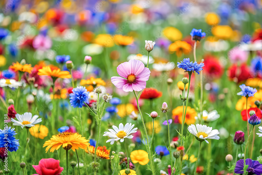 A close-up of colorful meadow flowers in a forest clearing. A close-up of colorful meadow flowers in a forest clearing.