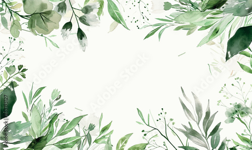 watercolor green leaves frame, background, template for design