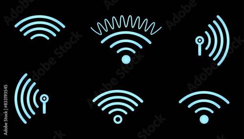 Wi-Fi Blue Wireless signal. Sensor Symbol of neon glow effect. Icon Set of Wireless sound wave. Technology Internet router, Sonar sound. Vector isolated illustration.