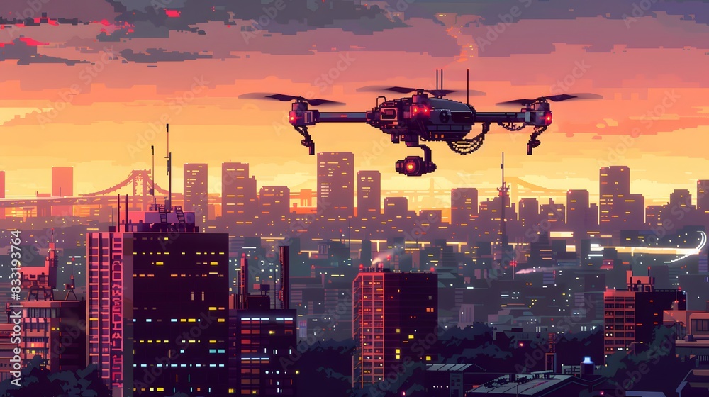 Drone flying over a cityscape at sunset, capturing stunning views. Modern technology meets urban beauty in this futuristic scene. Drone flying over a cityscape at sunset, capturing stunning views. Modern technology meets urban beauty in this futuristic scene.