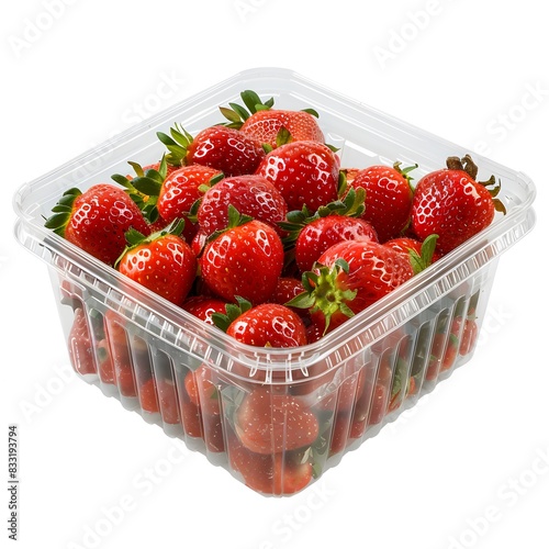 Fresh red strawberry plastic disposable container isolated on a white background