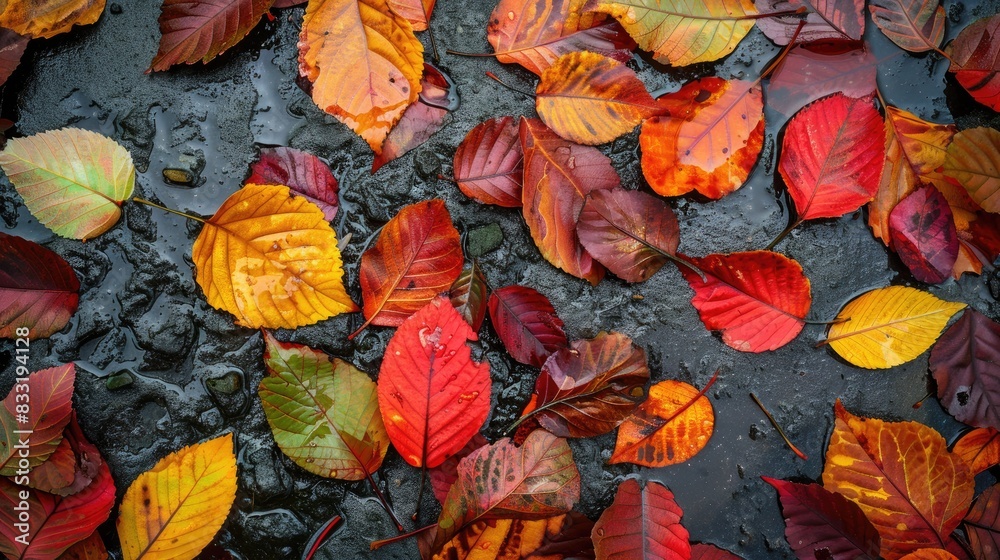 Directly above view of damp fallen colorful autumn leaves following rainfall