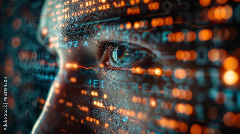 Obraz premium A close-up of a human eye, with a digital code overlay, representing the connection between technology and humanity.