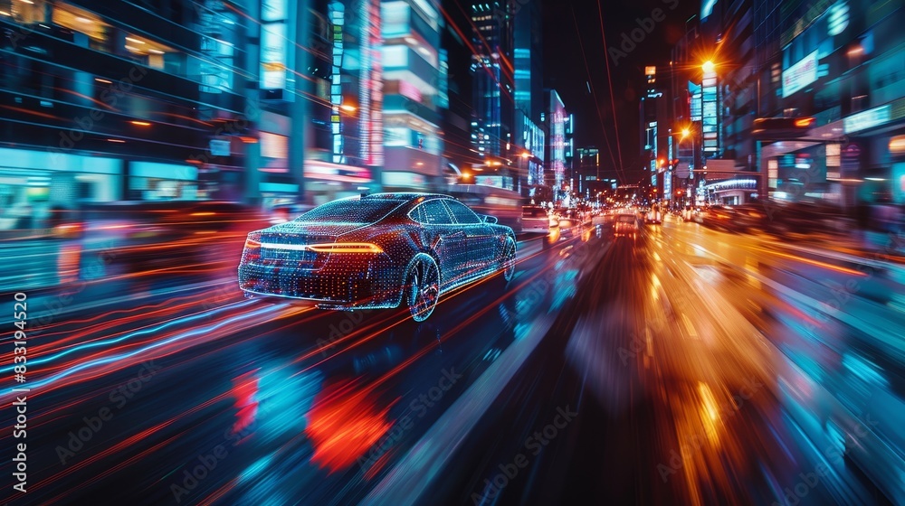 A car speeds through a vibrant, neon-lit city street at night, leaving streaks of light in its wake. A car speeds through a vibrant, neon-lit city street at night, leaving streaks of light in its wake.